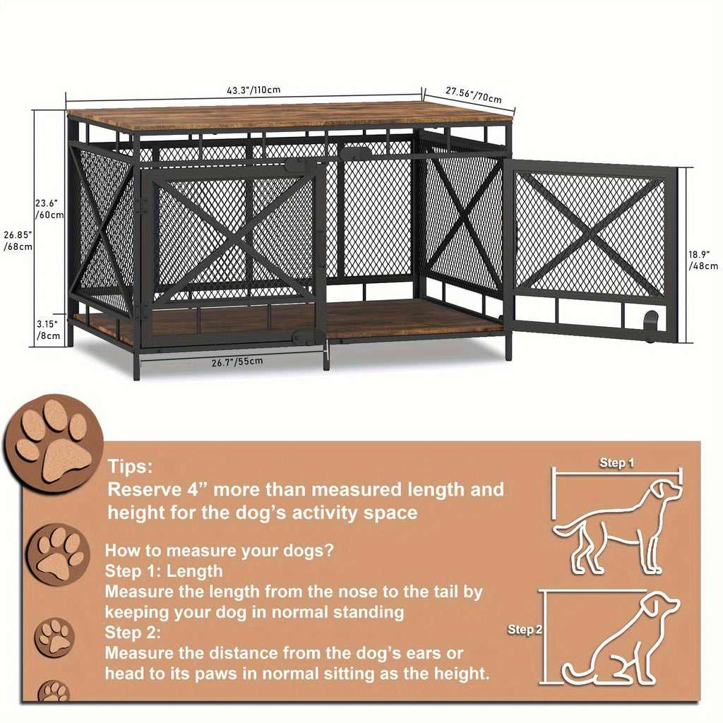 Dog Crate Furniture with Wooden Top, Heavy Duty Corner Dog Kennel with Double Doors and High-Density Metal Mesh, Indoor End Table Crate for Medium and Large Dogs, Vintage