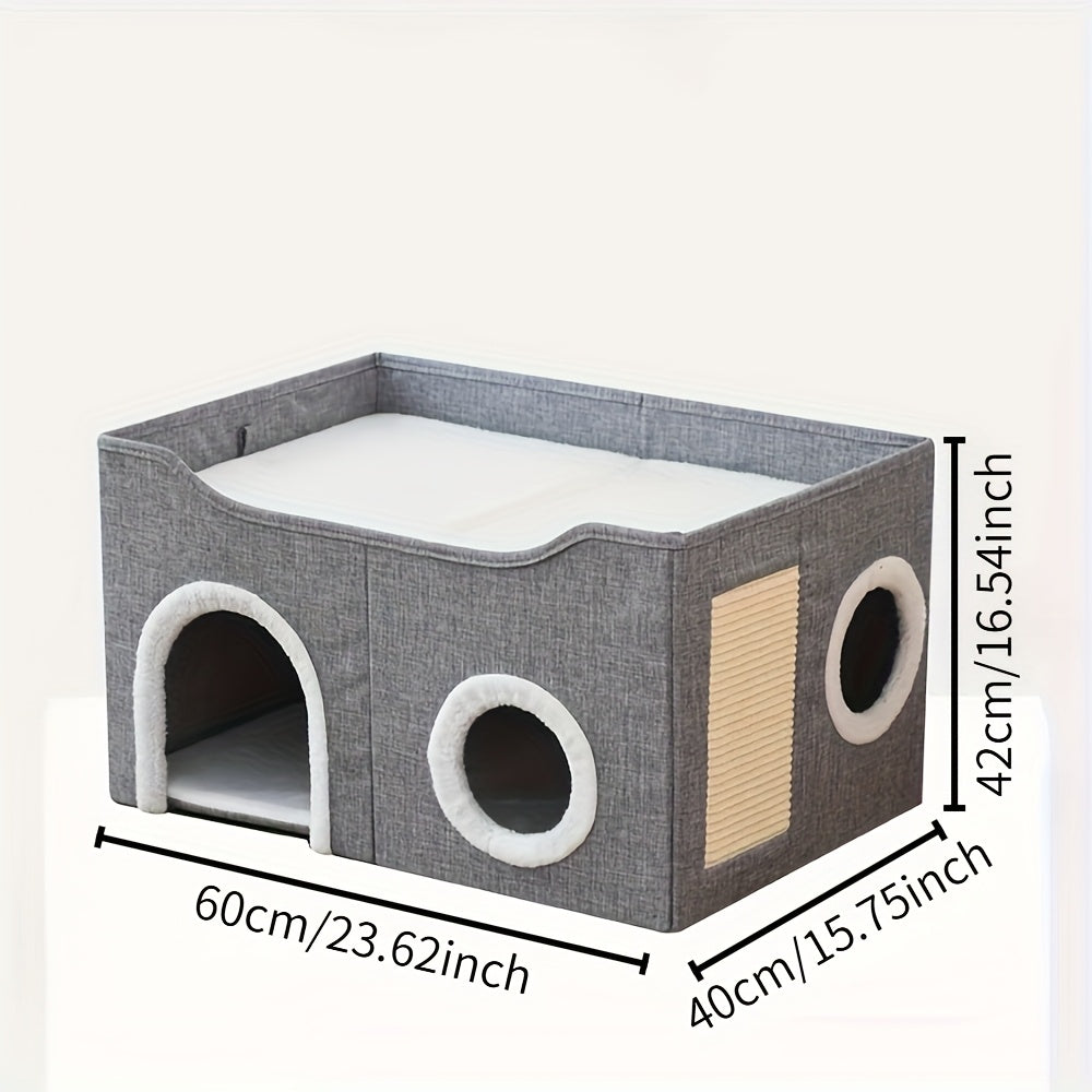 Cat Cube Bed with Foldable Canvas Design and Hanging Plush Ball, Nylon Frame Indoor Hideaway in Gray Classic or Extended Dual-Port Styles