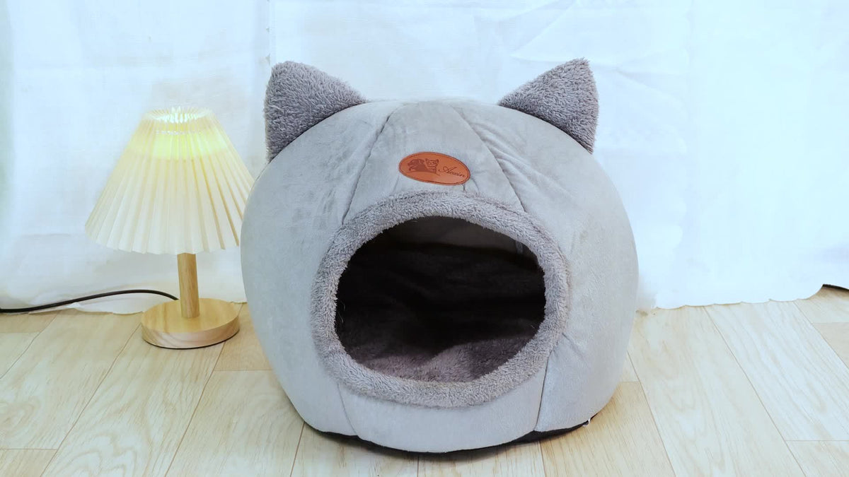 Cat Cave Bed with Cute Cat Ears for Indoor Cats and Kittens, Gray Enclosed Sleeping House with Rounded Entrance for Quiet Naps