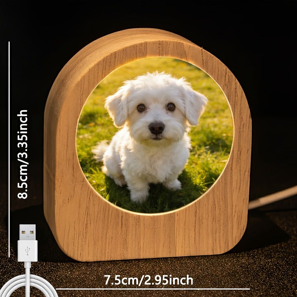 Custom LED Photo Crystal with Wood Base, Personalized Pet Portrait Keepsake with Name and Date for Pet Owners, Family and Anniversary Gifts