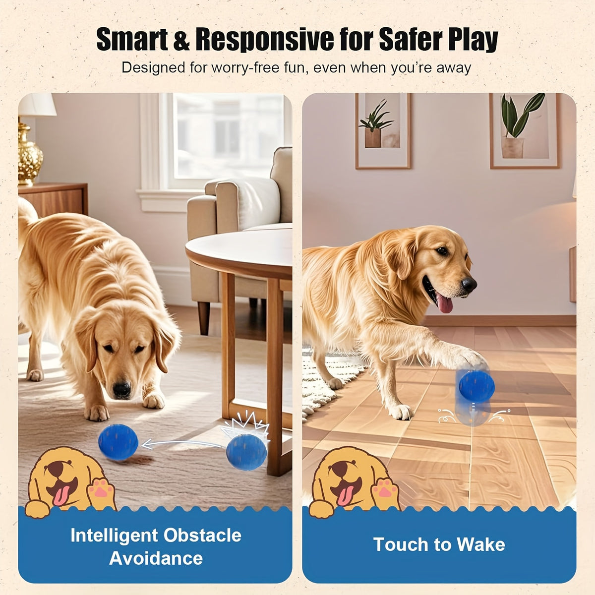 Automatic Moving Dog Ball, 3.2-Inch E-TPU Motion Activated Rolling and Bouncing Toy for Medium and Large Dogs, Blue or Orange Chase Play