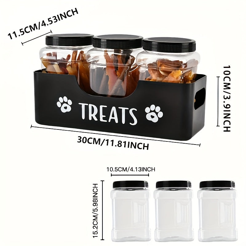 Dog Treat Canister Set with 3 Airtight Plastic Jars and Black Farmhouse Holder, Pet Snack Storage for Cat and Dog Feeding Area Organization
