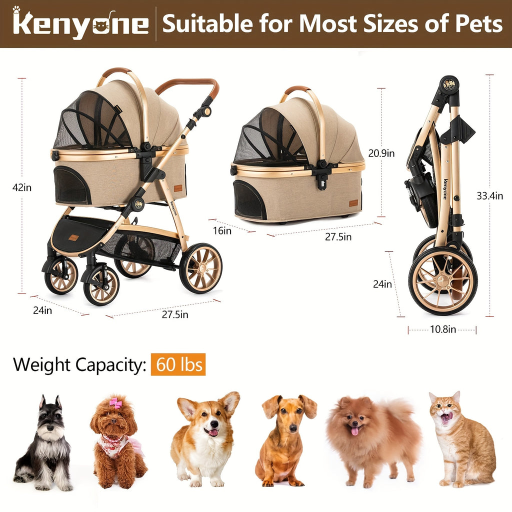 Dog Stroller with Detachable Carrier, Foldable Aluminum Pet Pushchair with No-Zip Entry, Rubber Wheels and Washable Liner for Small Dogs and Cats