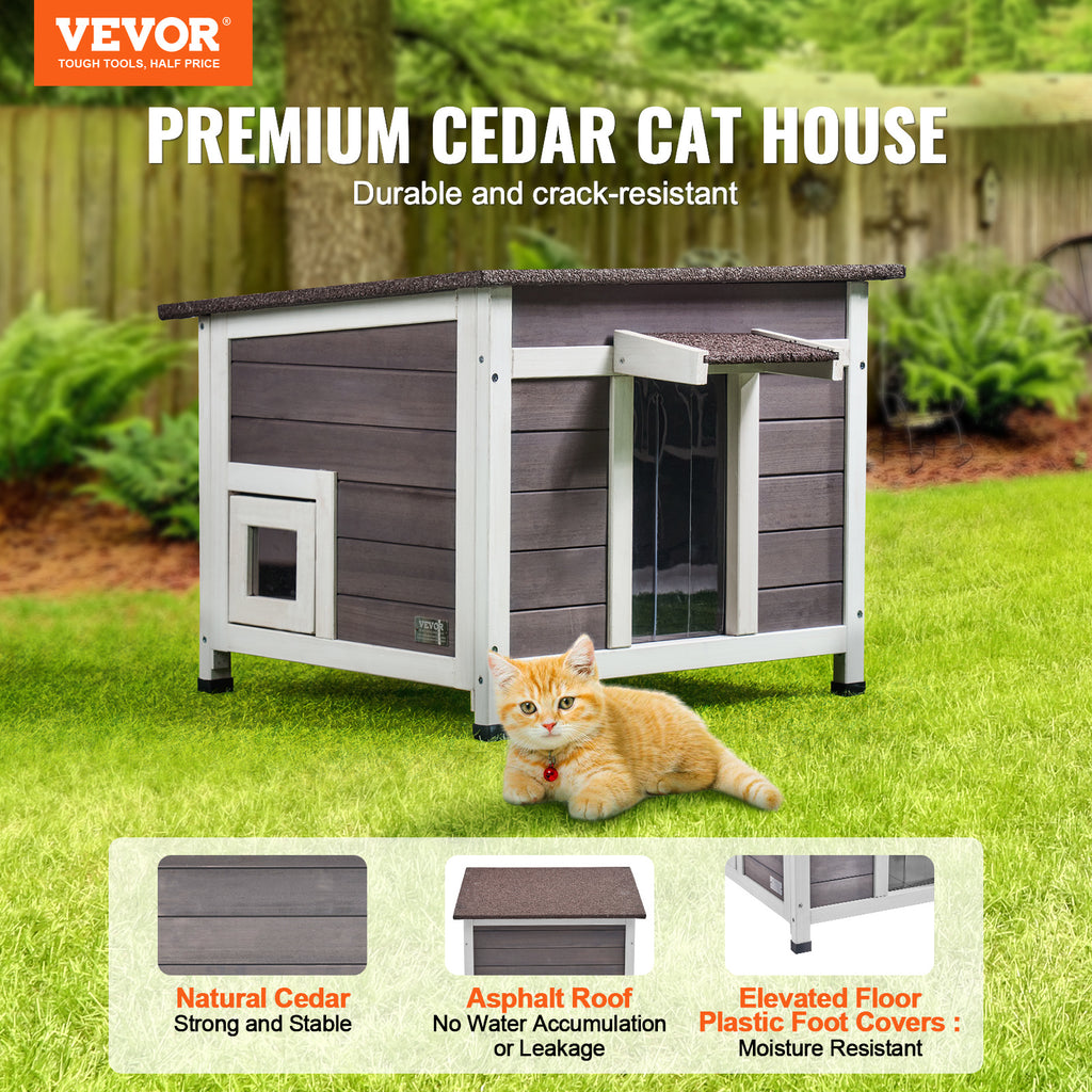 Fir Wood Outdoor Cat House with Asphalt Roof, Acrylic Window and Removable PVC Door Flaps, 20 or 24 Inch Feral Cat Shelter with Cleaning Access
