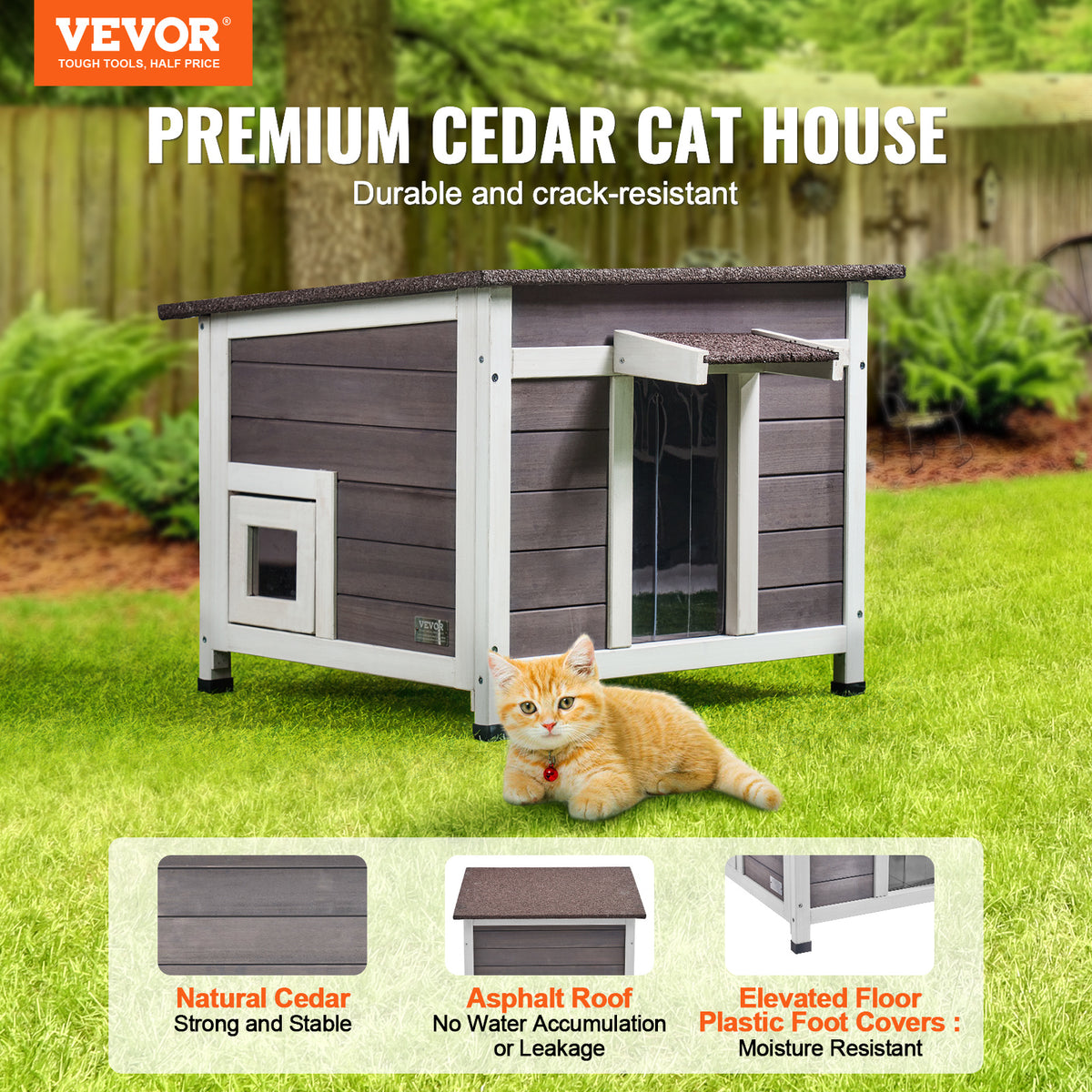 Fir Wood Outdoor Cat House with Asphalt Roof, Acrylic Window and Removable PVC Door Flaps, 20 or 24 Inch Feral Cat Shelter with Cleaning Access