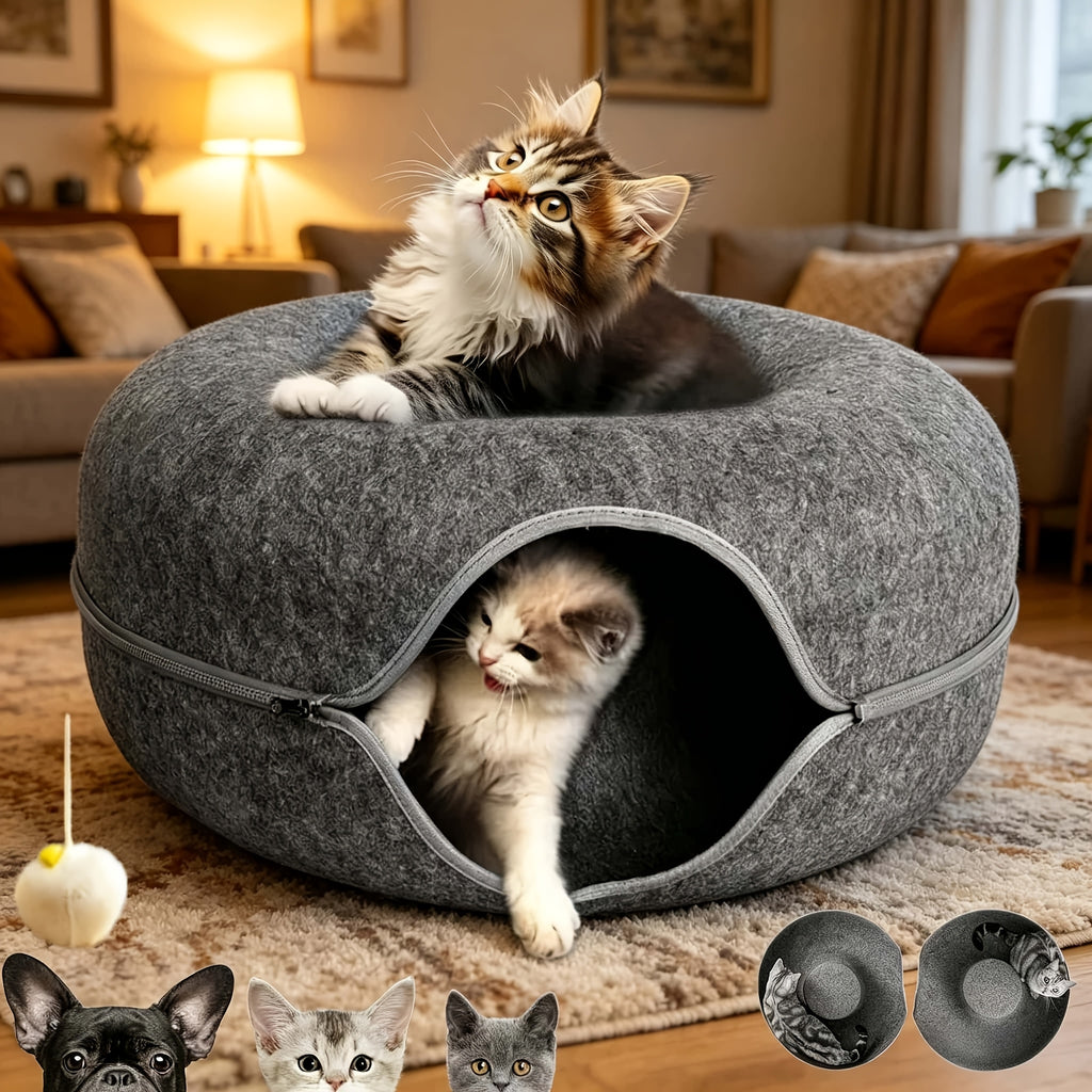 Donut Cat Tunnel Bed for Indoor Cats, Round Hideaway Nest with Pom-Pom Toys, 20 or 24 Inch Cat Cave in Light Gray or Dark Gray