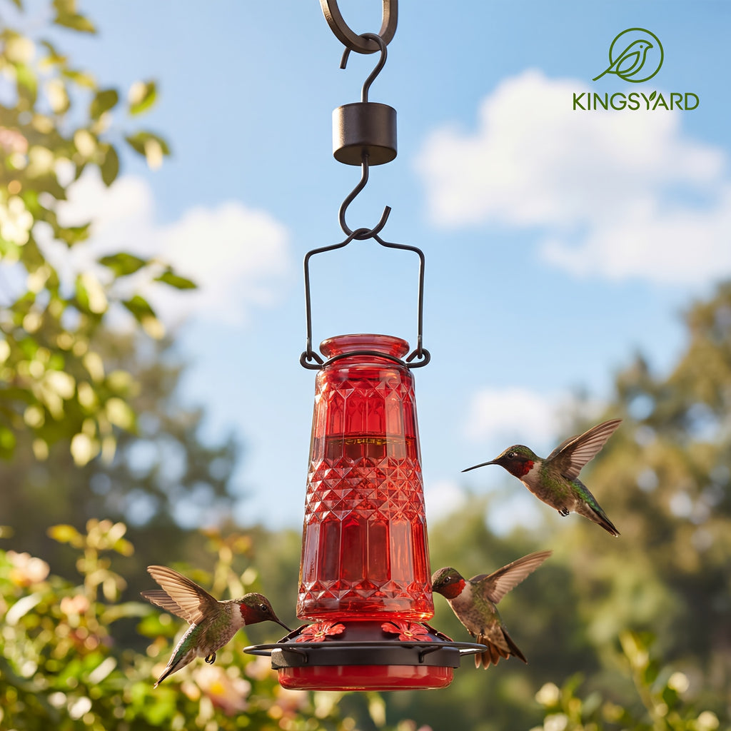 Glass Hummingbird Feeder 24oz by Kingsyard, Outdoor Hanging Nectar Feeder with 6 Feeding Ports and Ant Moat, Four Colors in Single or Two-Pack Options