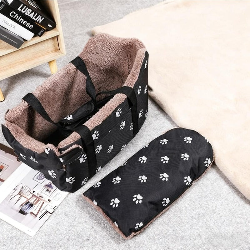 Dog Travel Bed with Plush Paw Print Design, Lightweight Non-Slip Small Dog Sofa with Carry Handles for Cozy Home Rest and Car Travel Setup