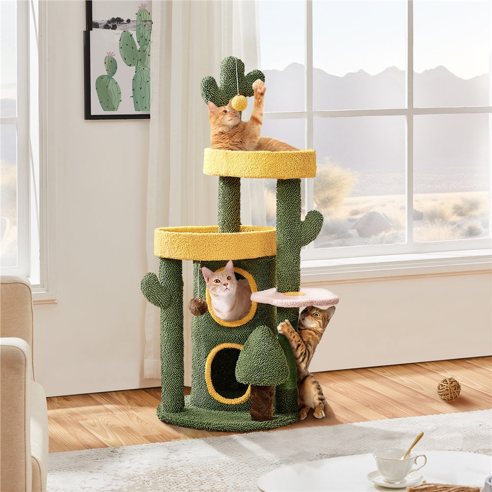 Cactus Cat Tree 48.5 Inch, Oasis-Themed Fleece Cat Tower with 3 Perches, Condo, Scratching Posts and Toys for Small Medium Indoor Cats, Green Yellow