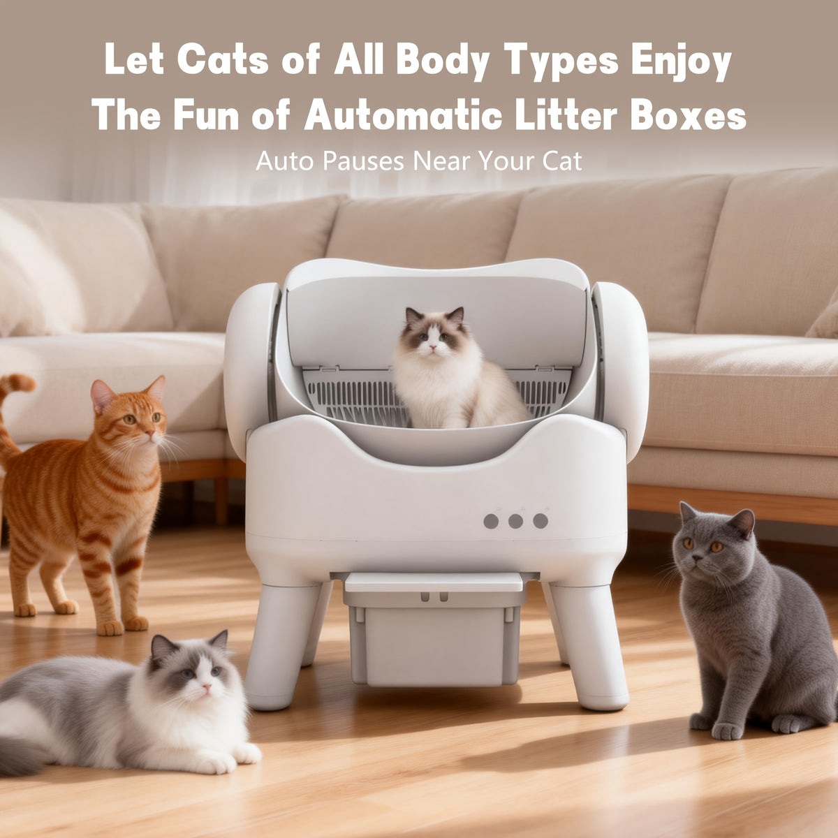 Open Top Self Cleaning Litter Box in White, Automatic Cat Toilet with High Sides, Low Noise Operation and 3.96 Gallon Waste Drawer