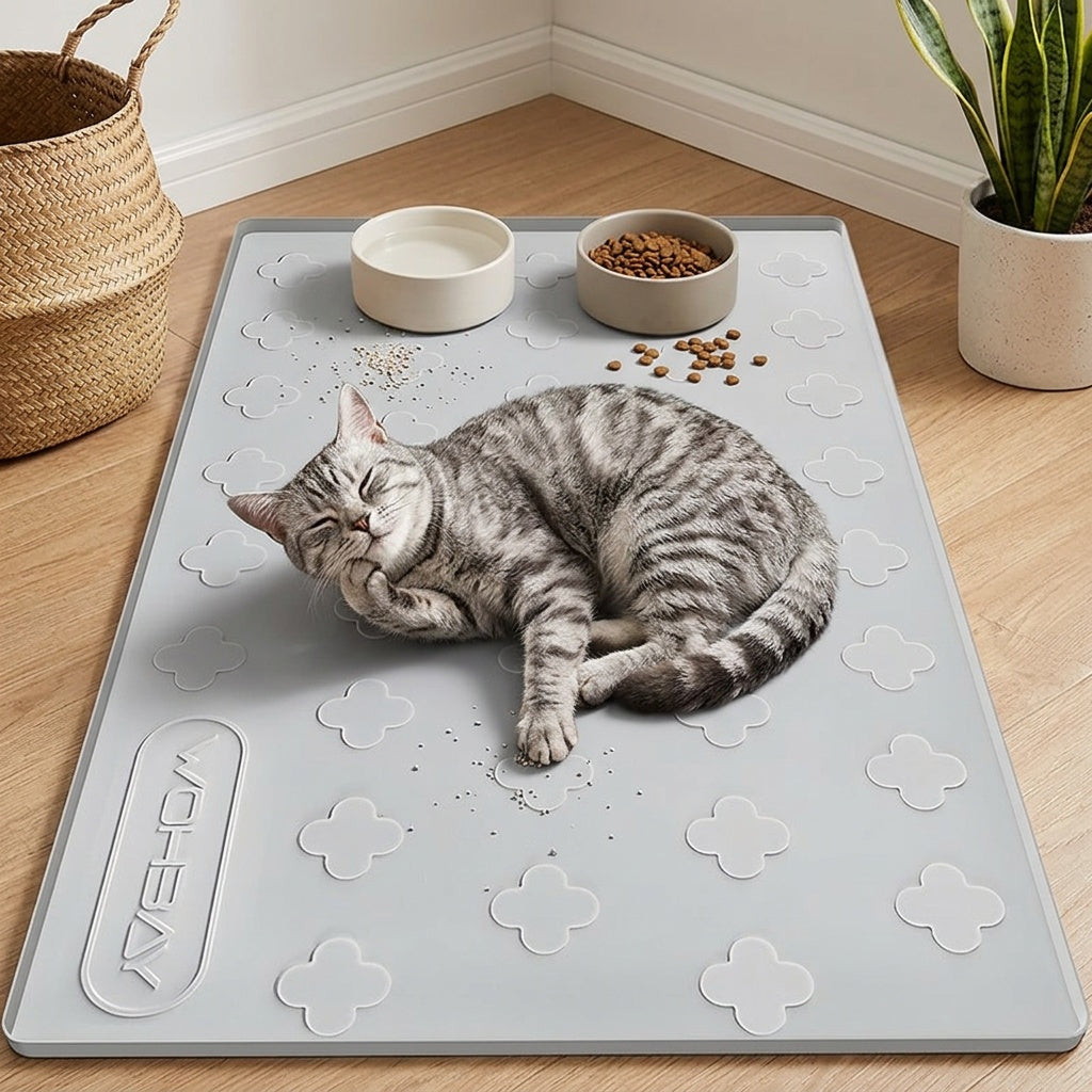 Silicone Cat Litter and Feeding Mat 34 x 22 Inches, 3-in-1 Washable Non-Slip Floor Protector with Raised Edges in Light Grey or Dark Gray