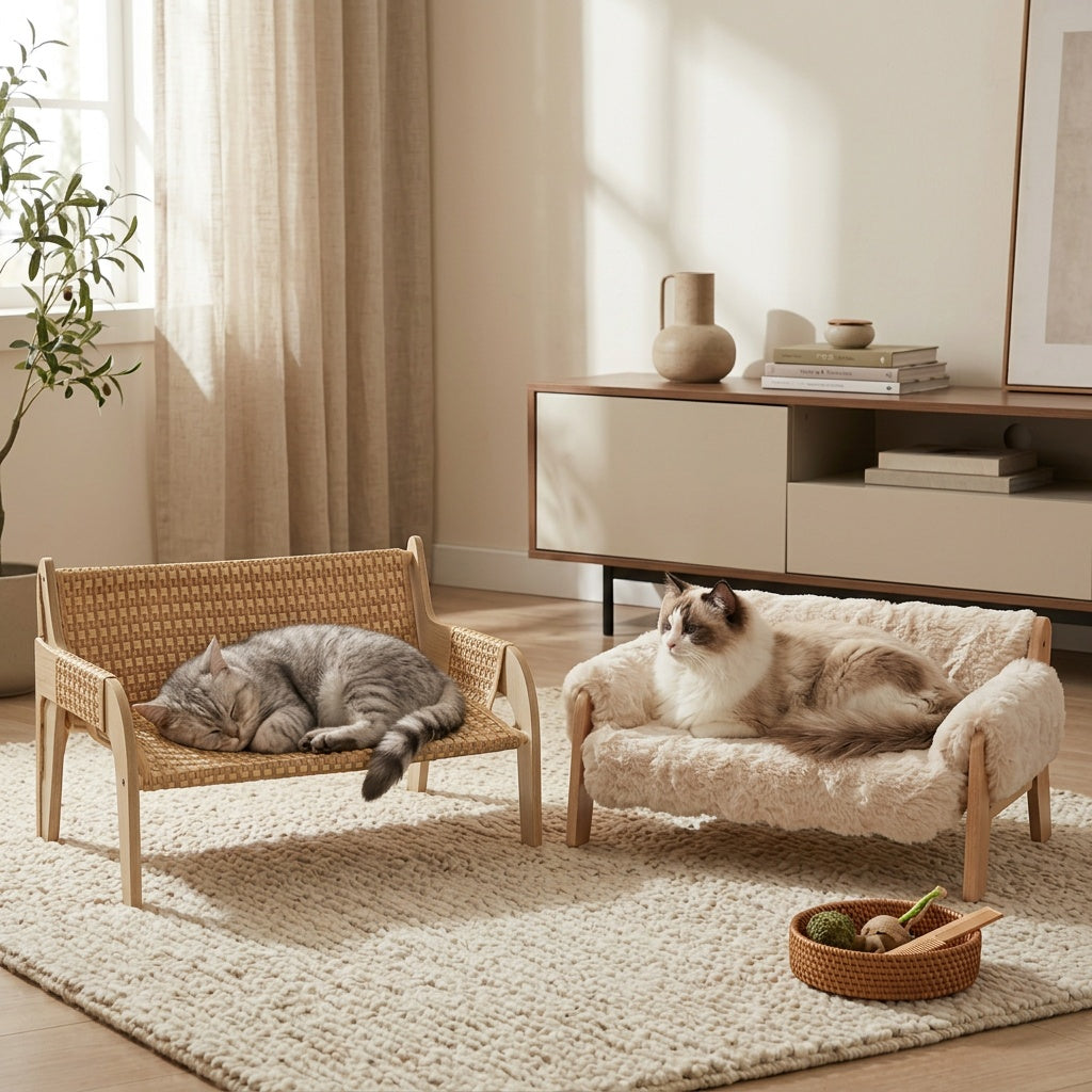 Pet Sofa Bed for Cats and Small Dogs, Elevated Lounge Furniture Listing with White, Grey and Bamboo Mat Style Options for Home Rest
