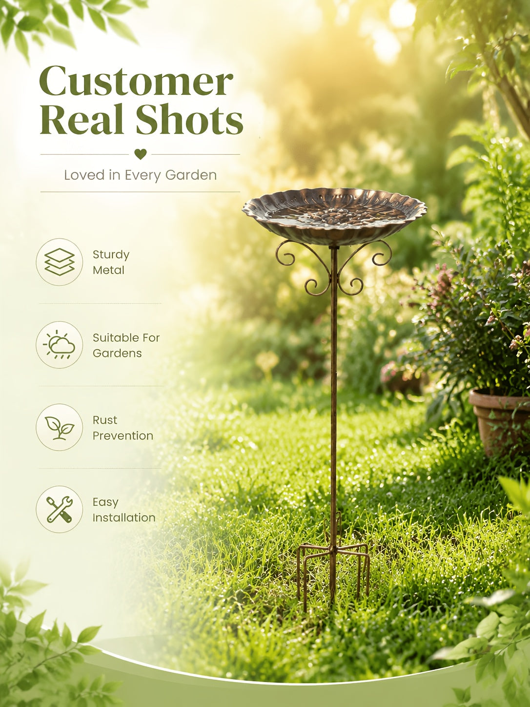 Garden Bird Bath with Ground Stake, 30.31-Inch Retro Metal Birdbath with Scalloped 10-Inch Basin, Copper or Bronze Color for Outdoor Yards