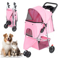 Pink Pet Stroller for Small Dogs and Cats, Lightweight Three-Wheel Foldable Travel Carrier with Breathable Mesh, Storage Basket and Cup Holder