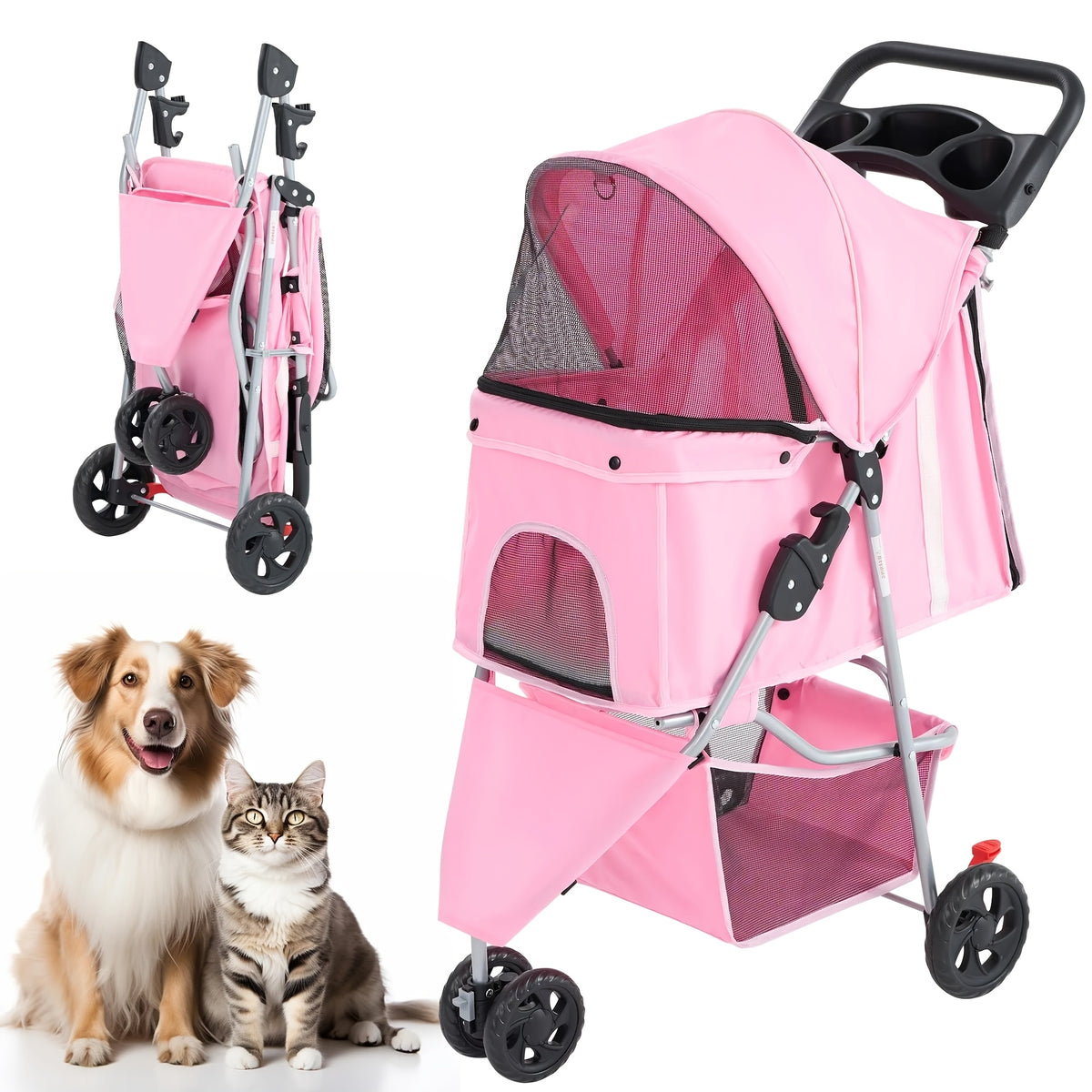Pink Pet Stroller for Small Dogs and Cats, Lightweight Three-Wheel Foldable Travel Carrier with Breathable Mesh, Storage Basket and Cup Holder