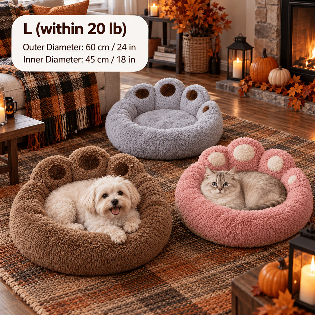 Plush Dog Bed with Bear Paw Shape, Soft Faux Fur Cat Sleeping Cushion with Non-Slip Bottom, Coffee Pink or Gray for Pets up to 30 lbs