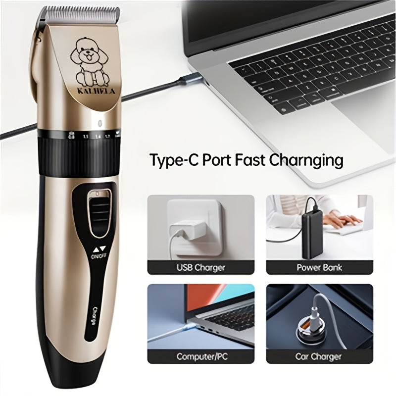 Electric Pet Clippers for Dogs and Cats, Rechargeable Low-Noise Hair Trimmer for At-Home Grooming with Three Gold Grooming Set Options