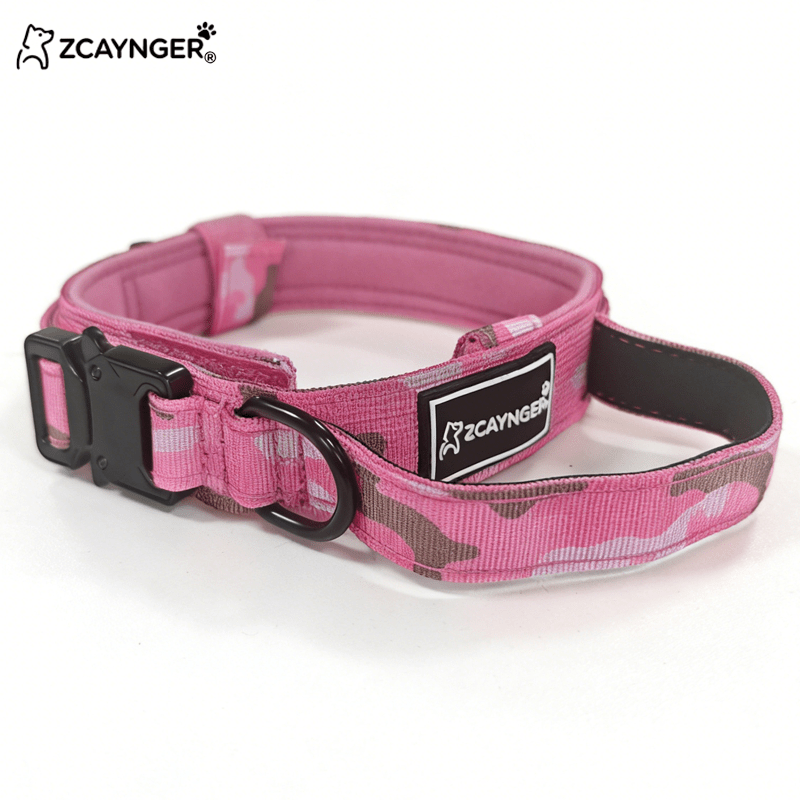 Tactical Dog Collar with Padded Lining and Side Control Handle, Black or Pink Camouflage Buckle Collar for Medium and Large Dogs, M L XL, Walking and Training