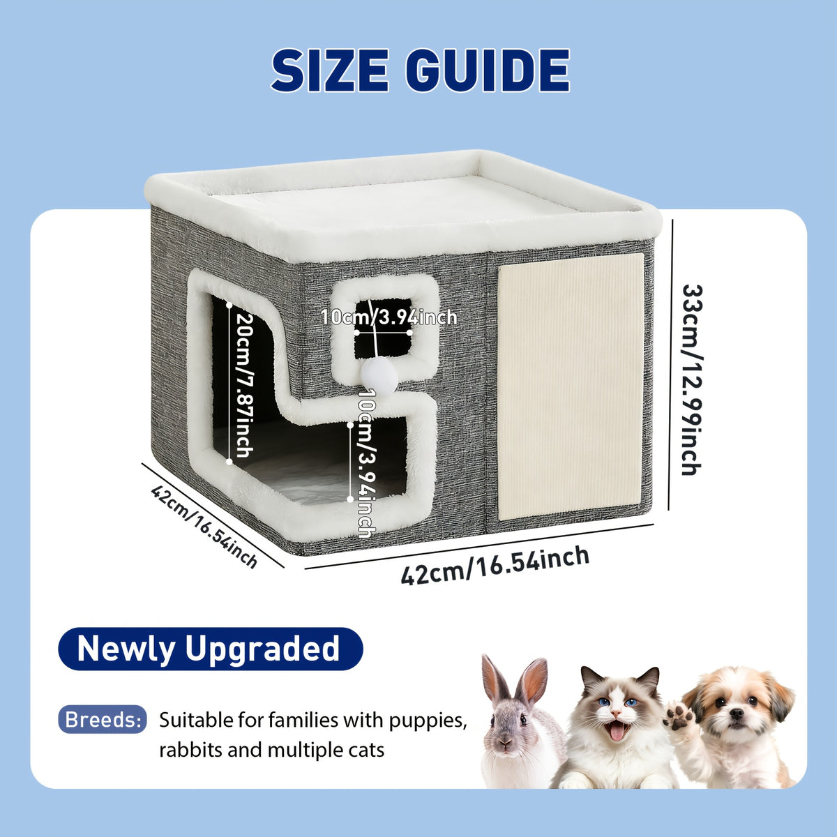 Cat House with Scratching Box, Large Light Gray 3-in-1 Indoor Cat Condo Cube with Wooden Structure and Ottoman-Style Hideaway for Sleep and Play