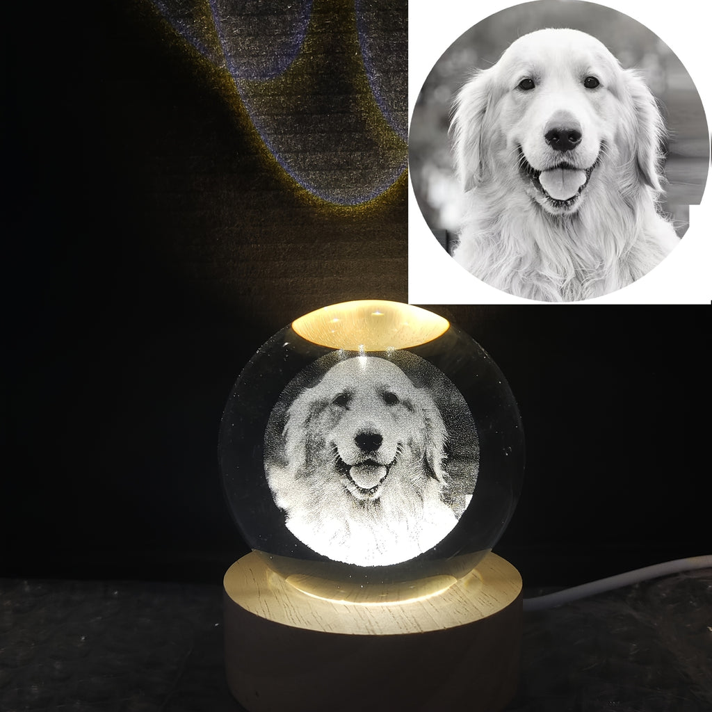 Personalized Pet Photo Crystal Ball with Laser Engraving, Custom Name and Date Keepsake with Warm Base for Dog and Cat Lover Gifts