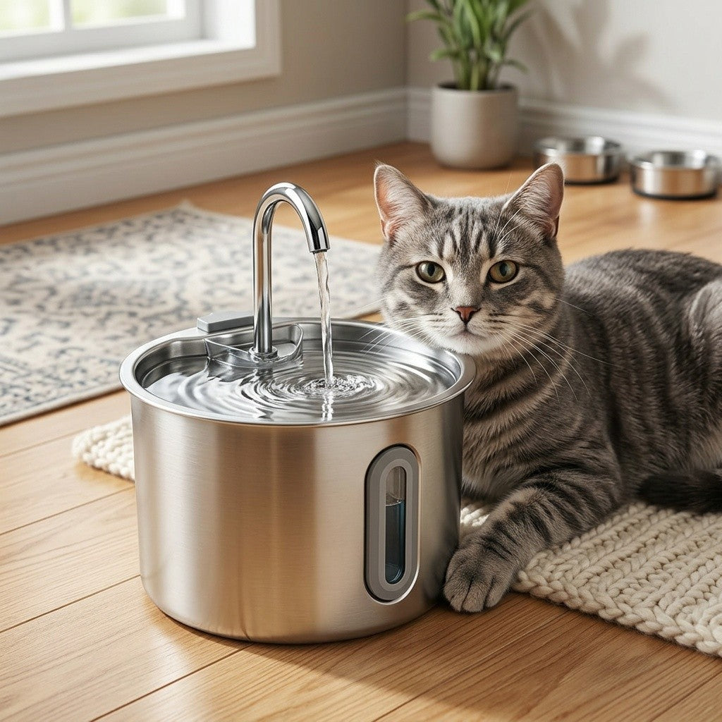 Filtered Cat Water Fountain 74.39oz, Stainless Steel Automatic Pet Drinking Dispenser with Quiet Pump for Cats and Dogs, Three Style Options