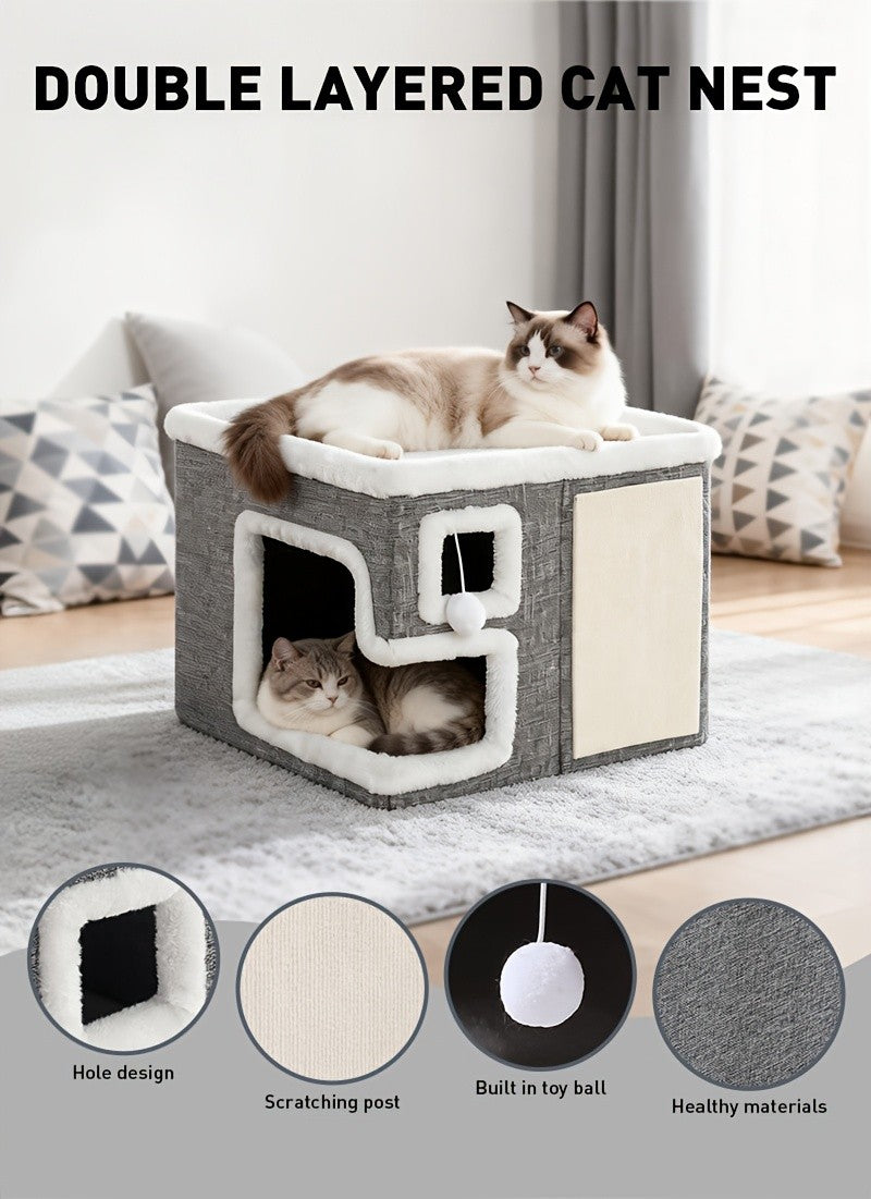 Cat House with Scratching Box, Large Light Gray 3-in-1 Indoor Cat Condo Cube with Wooden Structure and Ottoman-Style Hideaway for Sleep and Play