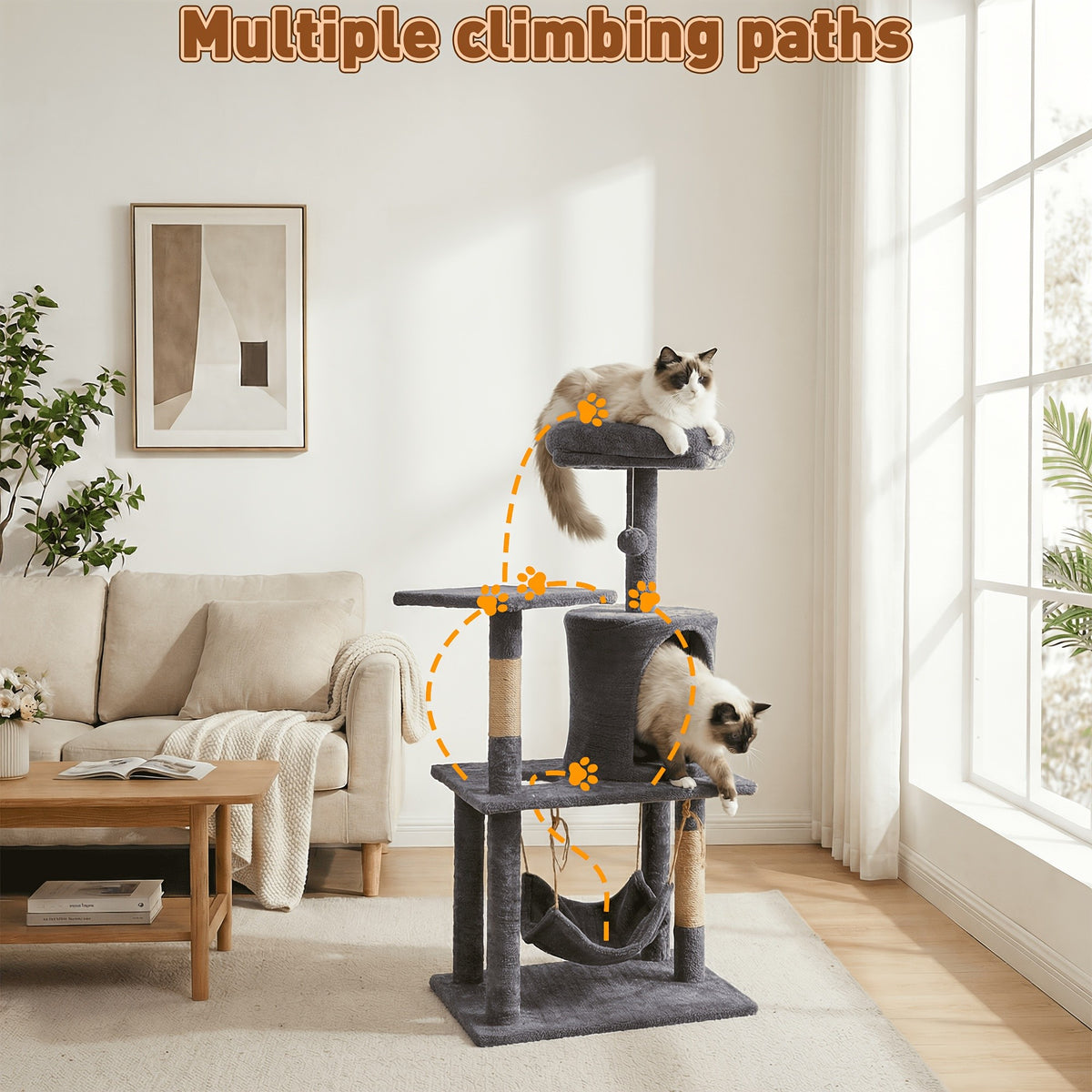 Multi-Level Cat Tree with Plush Resting Areas and Scratching Posts, Indoor Cat Tower in Three Colors with Separate Replacement Column Options
