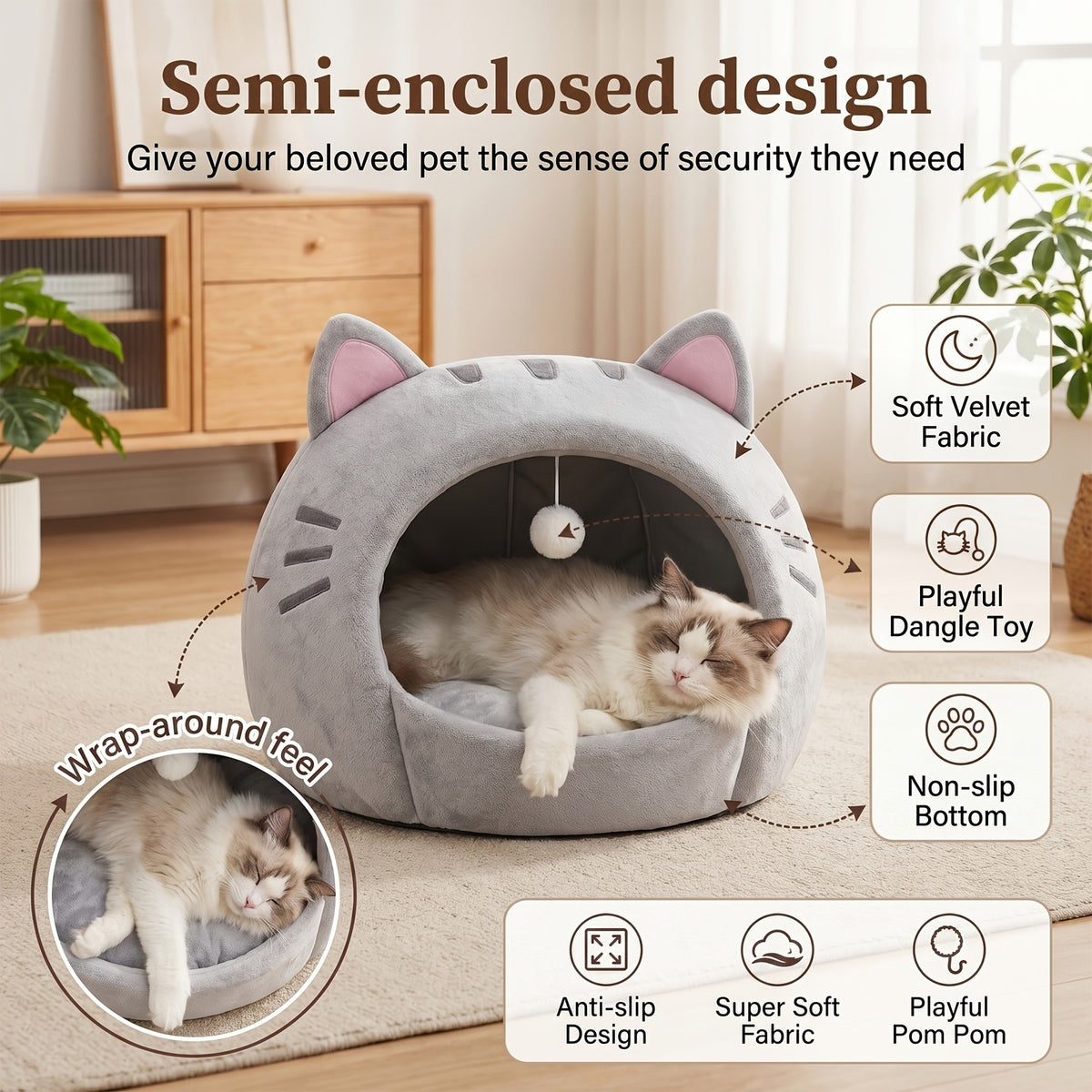 Enclosed Cat Bed with Washable Cushion, Gray Plush Cat Tent with Hanging Toy Ball, S to XL Indoor Cat House with Included Pet Bandana