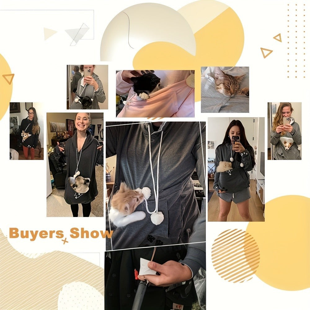 Pet Carrier Hoodie with Kangaroo Pouch for Cats and Small Dogs, Unisex Light Grey Sweatshirt with Removable Washable Liner, Ears and Paw Print Design