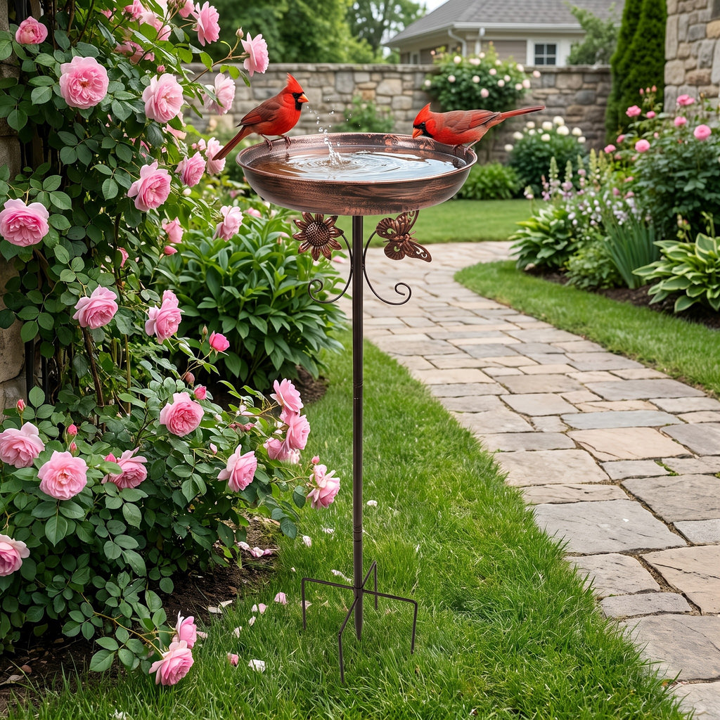Bronze Metal Bird Bath with Flower and Butterfly Accents, Five-Prong Ground Stake Garden Basin with Single Layer and Set Options for Outdoor Yard Decor