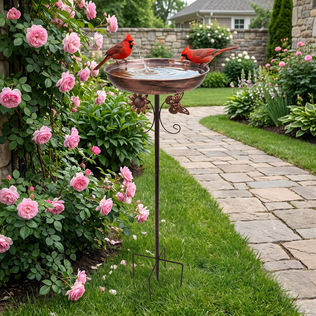 Bronze Metal Bird Bath with Flower and Butterfly Accents, Five-Prong Ground Stake Garden Basin with Single Layer and Set Options for Outdoor Yard Decor
