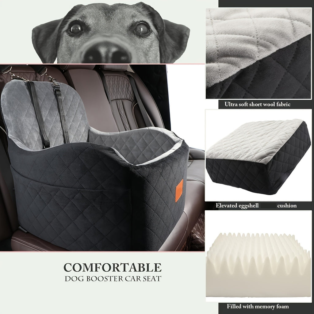 Elevated Dog Car Seat with 6-Inch Booster Cushion, Removable Washable Cover, 2 Storage Pockets and 3 Straps for Small and Medium Dogs up to 35 lbs