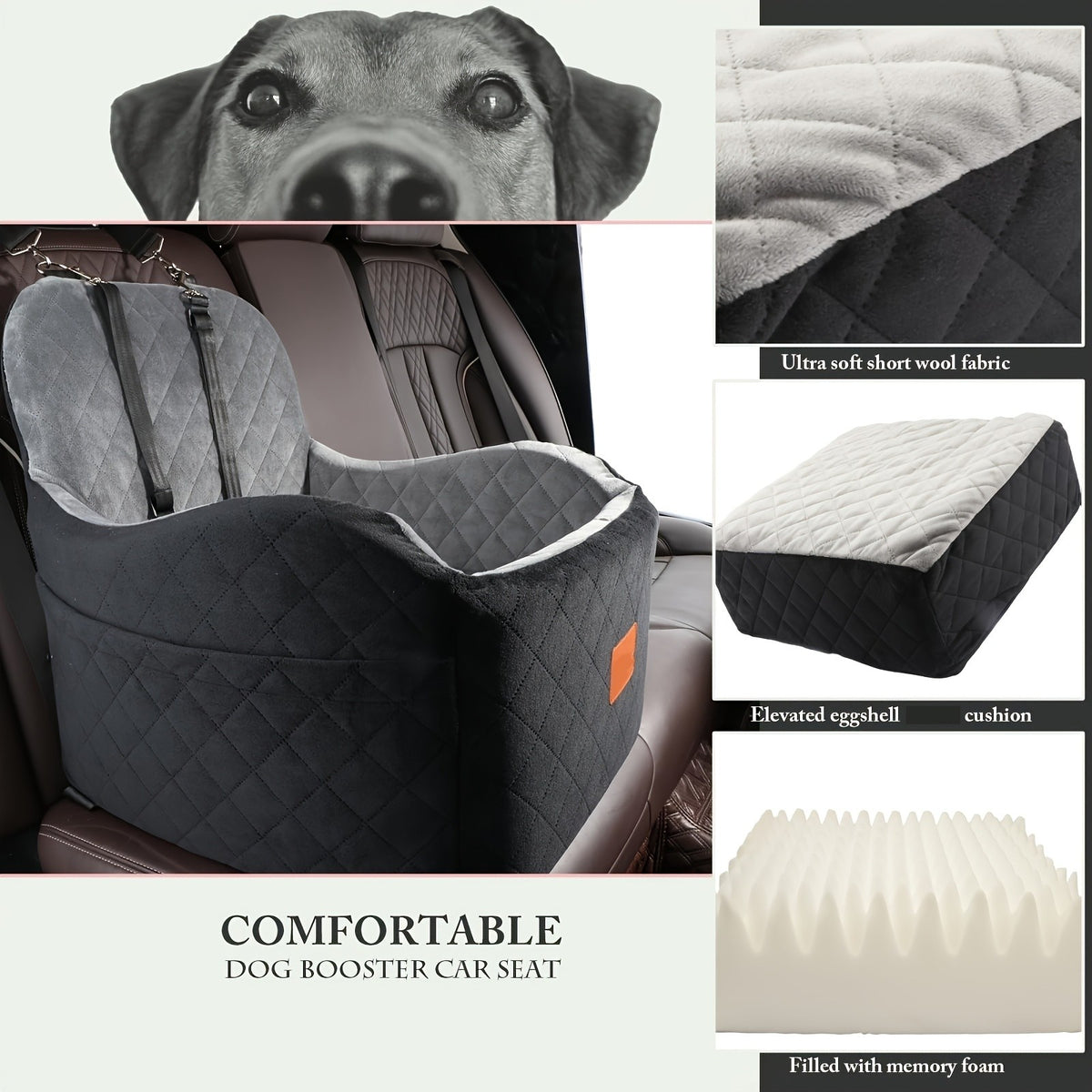 Elevated Dog Car Seat with 6-Inch Booster Cushion, Removable Washable Cover, 2 Storage Pockets and 3 Straps for Small and Medium Dogs up to 35 lbs