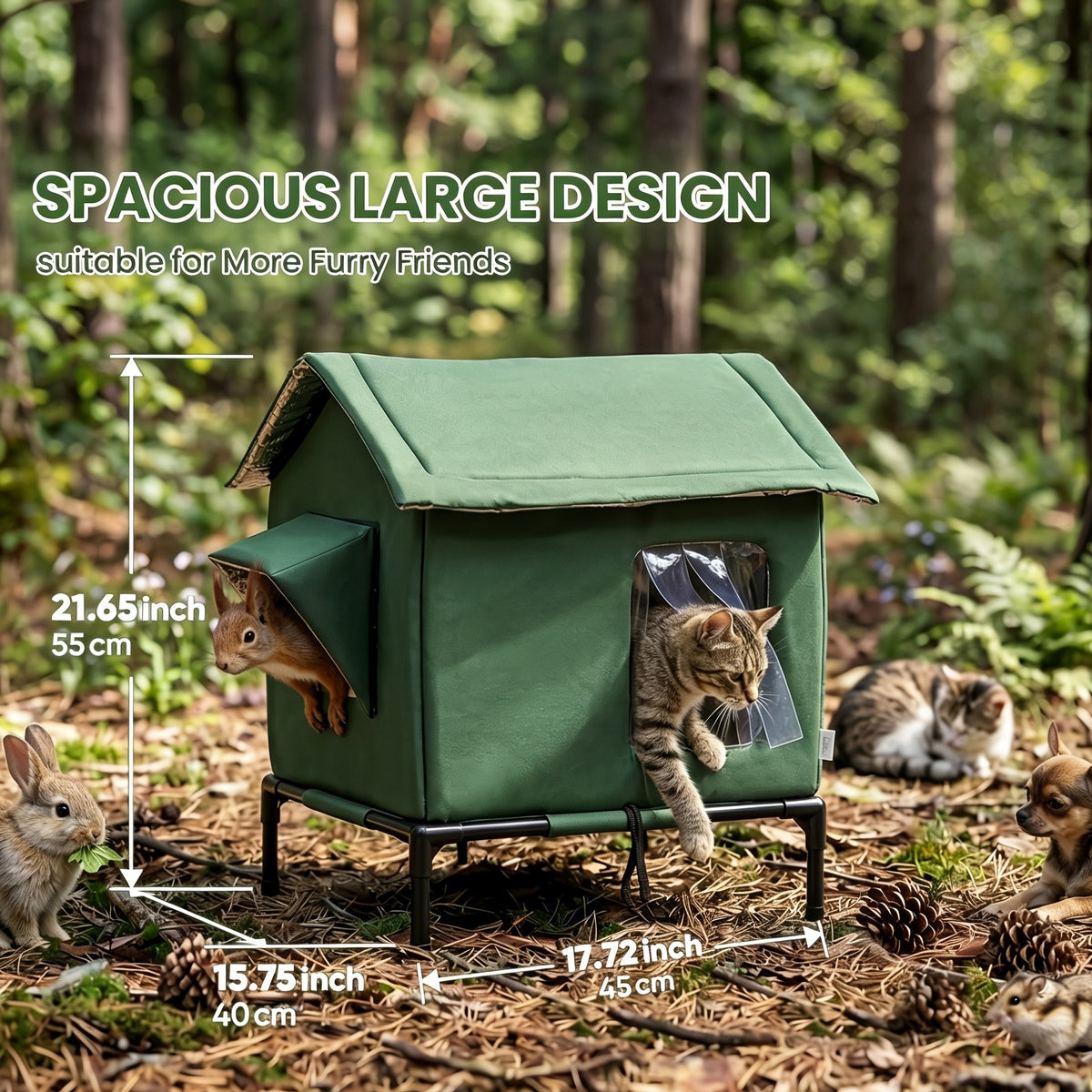 Insulated Outdoor Cat House, Weatherproof Shelter for Stray & Feral Cats, Army Green 17.7 x 15.7 x 21.6 in for Yard, Porch & Garage