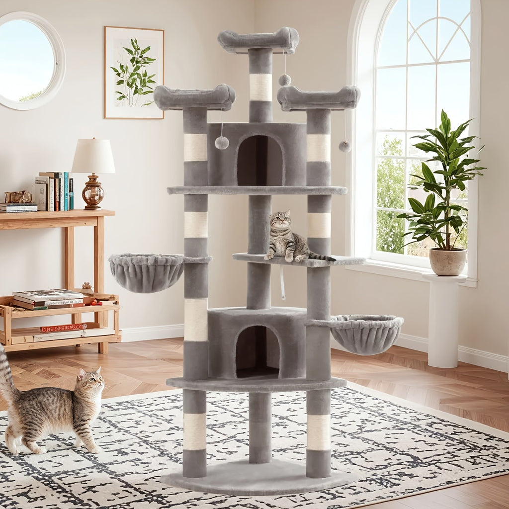 Cat Tree 73 Inch Fan-Shaped Tower for Indoor Cats with Plush Perches, Sisal Scratching Posts, Hammock and Baskets for Climbing and Rest
