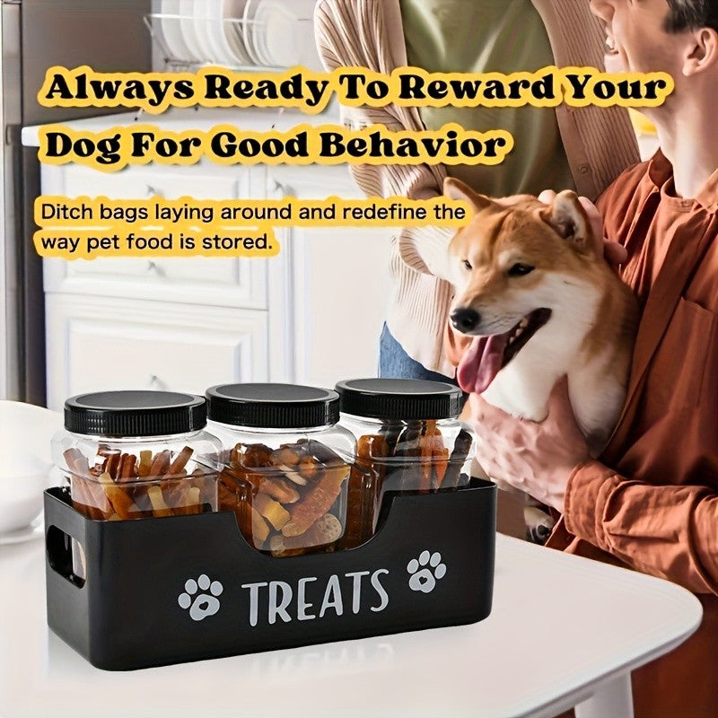 Dog Treat Canister Set with 3 Airtight Plastic Jars and Black Farmhouse Holder, Pet Snack Storage for Cat and Dog Feeding Area Organization