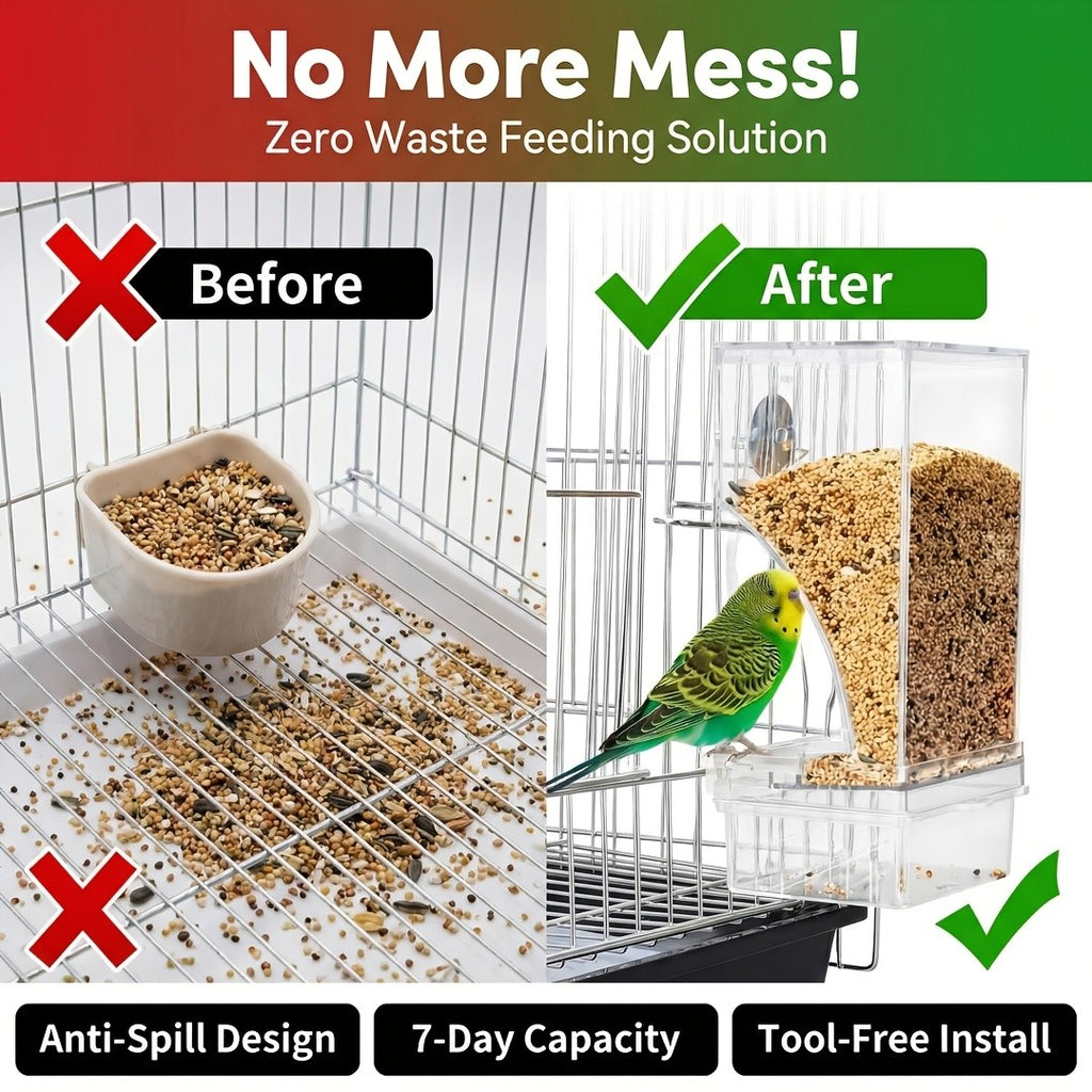 Automatic Bird Cage Feeder with Catch Tray, Transparent Acrylic Seed Dispenser with Angled Feeding Port and Cage Mount for Everyday Pet Bird Care