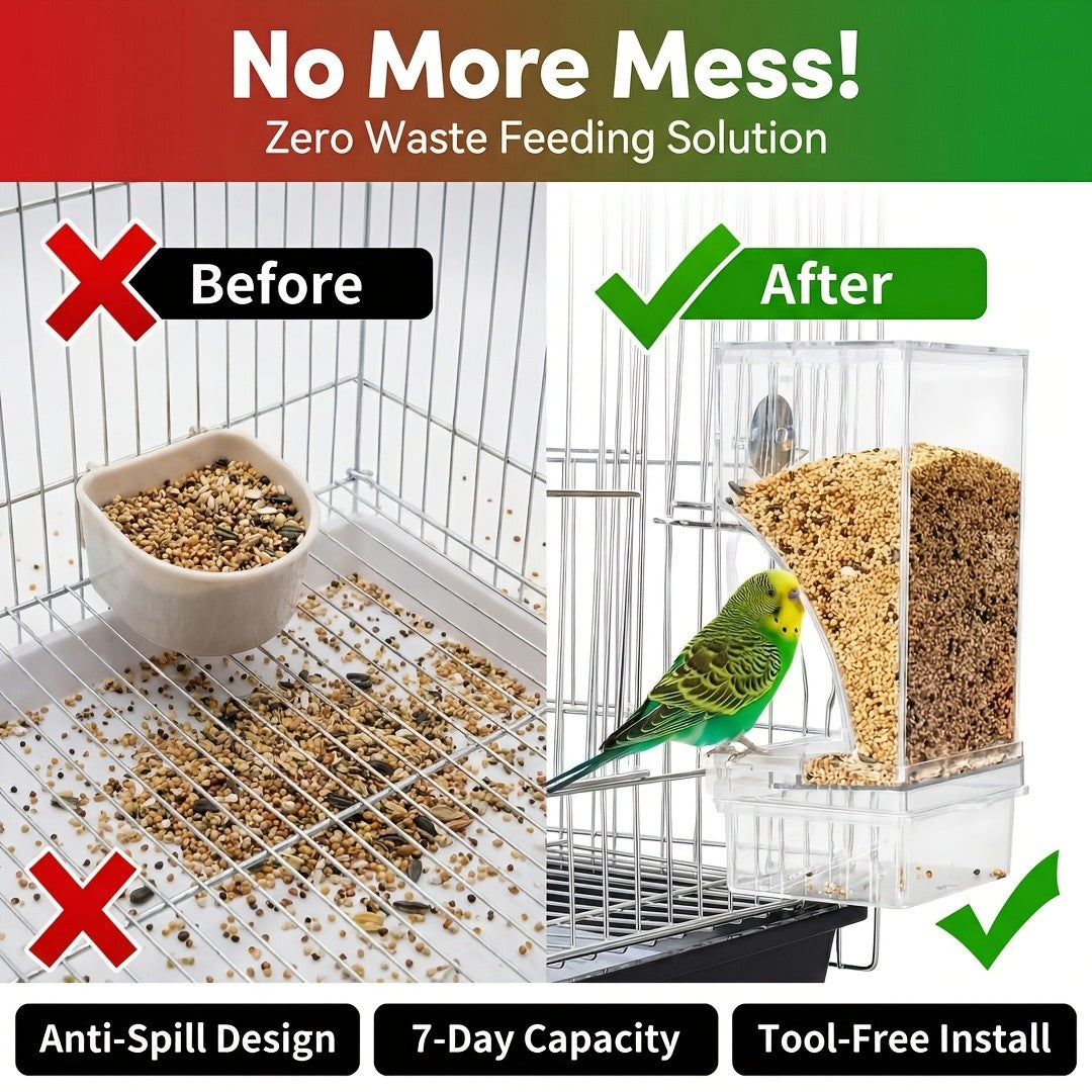 Automatic Bird Cage Feeder with Catch Tray, Transparent Acrylic Seed Dispenser with Angled Feeding Port and Cage Mount for Everyday Pet Bird Care