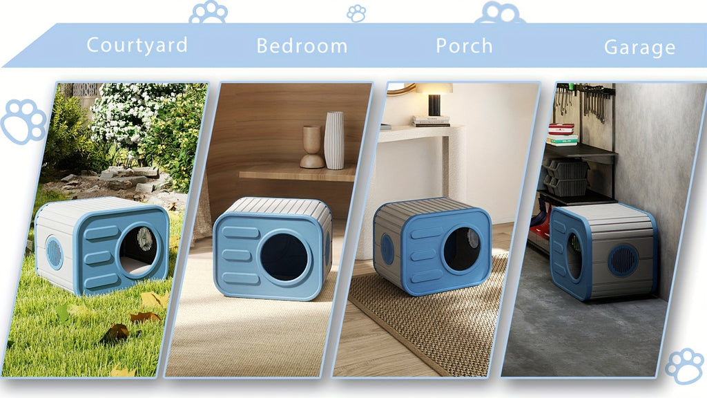Blue Resin Cat House for Indoor and Outdoor Use, Easy-to-Assemble and Easy-to-Clean Pet Resting Shelter, 20.83 x 14.21 x 15.91 Inches