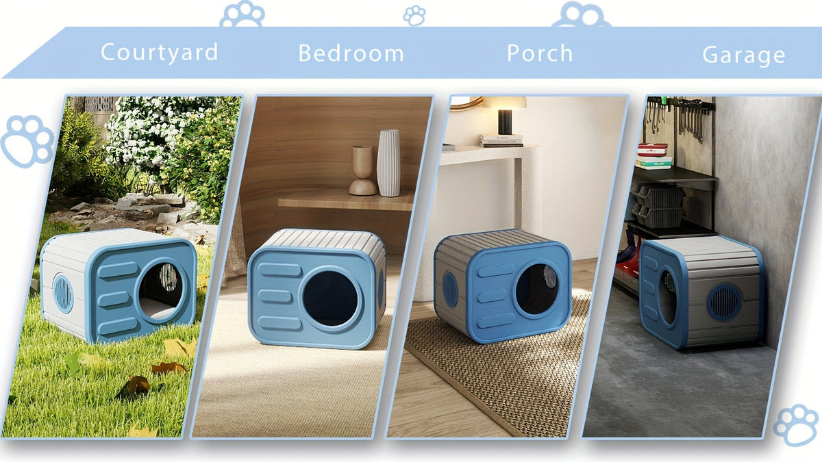 Blue Resin Cat House for Indoor and Outdoor Use, Easy-to-Assemble and Easy-to-Clean Pet Resting Shelter, 20.83 x 14.21 x 15.91 Inches