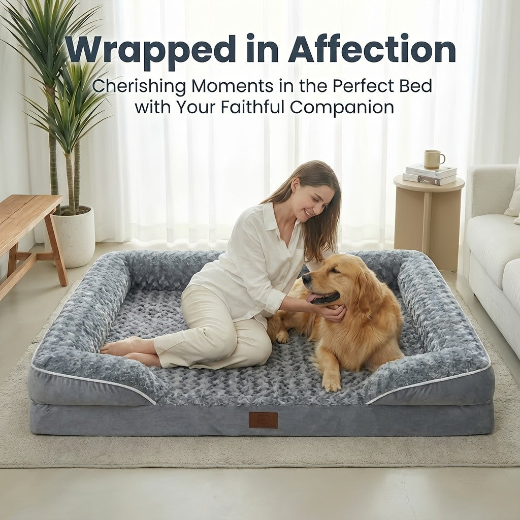Extra Large Dog Sofa Bed with C-Shaped Bolsters, Removable Washable Plush Cover and Non-Skid Bottom, Grey Pet Couch with 20 to 71 Inch Size Options