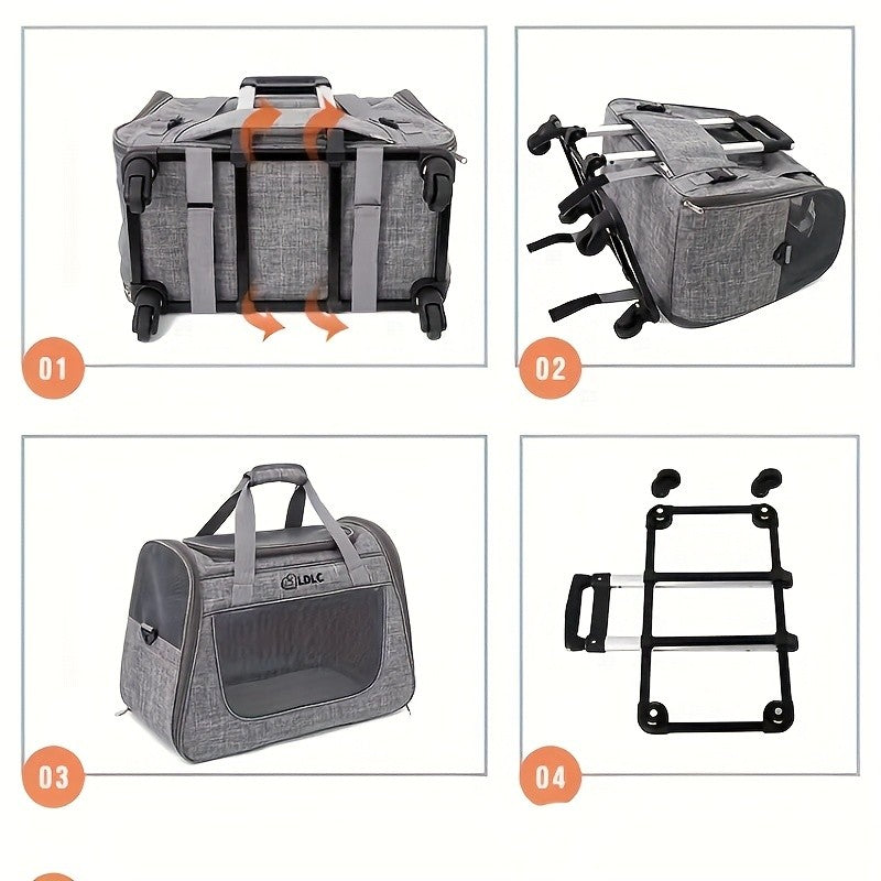 Cat Carrier with Wheels and Carrying Style Options, Foldable Mesh Pet Travel Bag in Light Grey or Pink for Vet Visits and Everyday Trips
