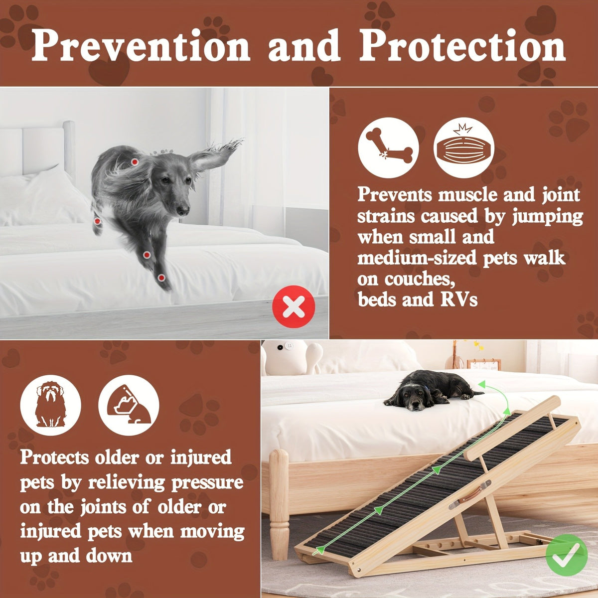 Dog Ramp for Bed and Sofa, Folding Wooden Pet Ramp with Adjustable Height and Side Guards, 40, 44 or 55 Inch Length Options for Furniture Access