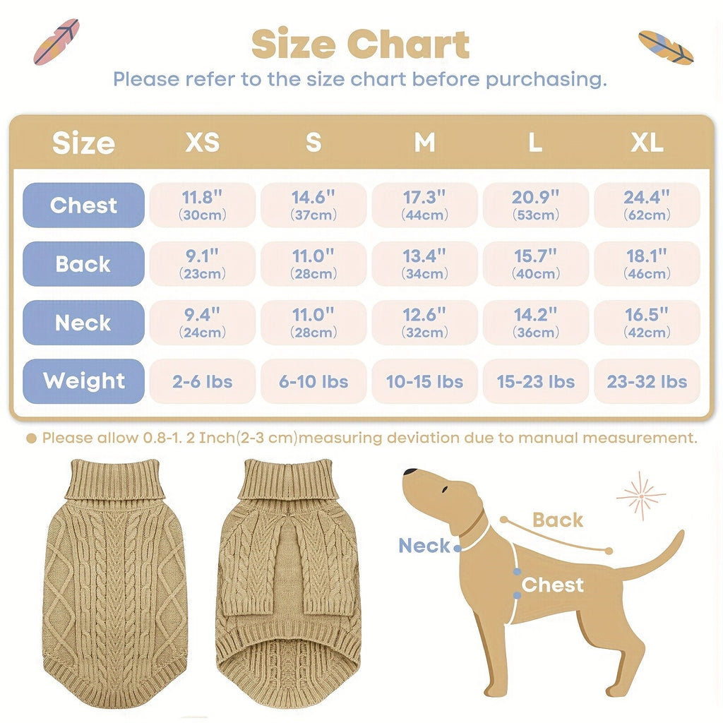 Cable Knit Dog Sweater with Turtleneck and Long Sleeves, Soft Warm Pullover for Small to Medium Dogs, Five Colors and XS-XL Sizes