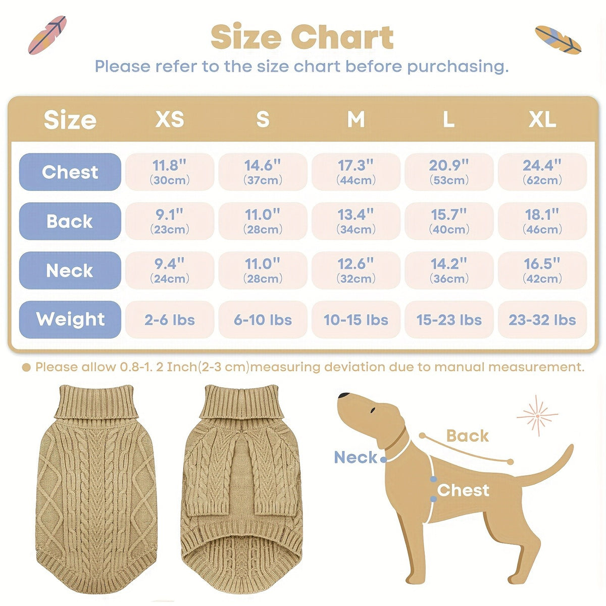 Cable Knit Dog Sweater with Turtleneck and Long Sleeves, Soft Warm Pullover for Small to Medium Dogs, Five Colors and XS-XL Sizes