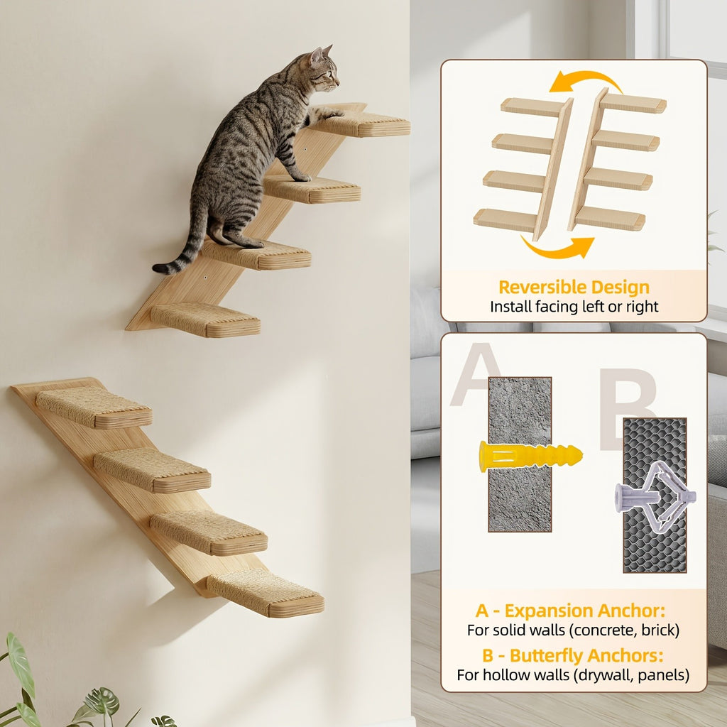 Wall Mounted Cat Steps and Hammock, 2 or 3 Piece Wooden Cat Wall Furniture with Felt Padding for Indoor Climbing, Scratching and Resting