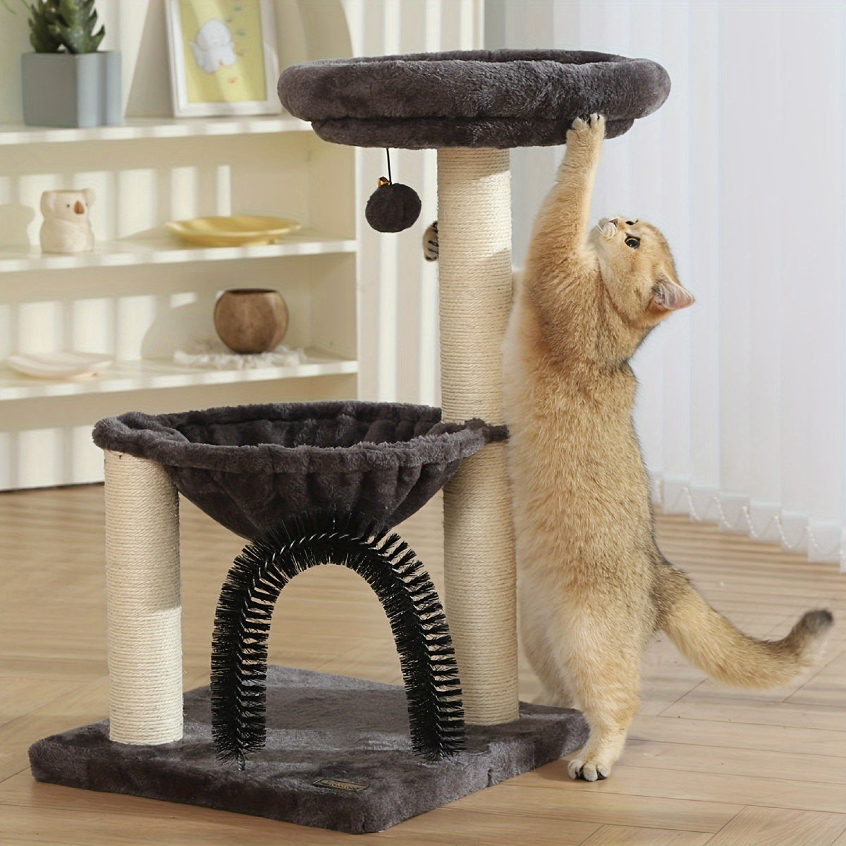Cat Tree for Kittens and Small Cats, 27.8-Inch Gray Indoor Tower with Plush Basket, Top Perch, Scratching Posts and Dangling Ball Toy
