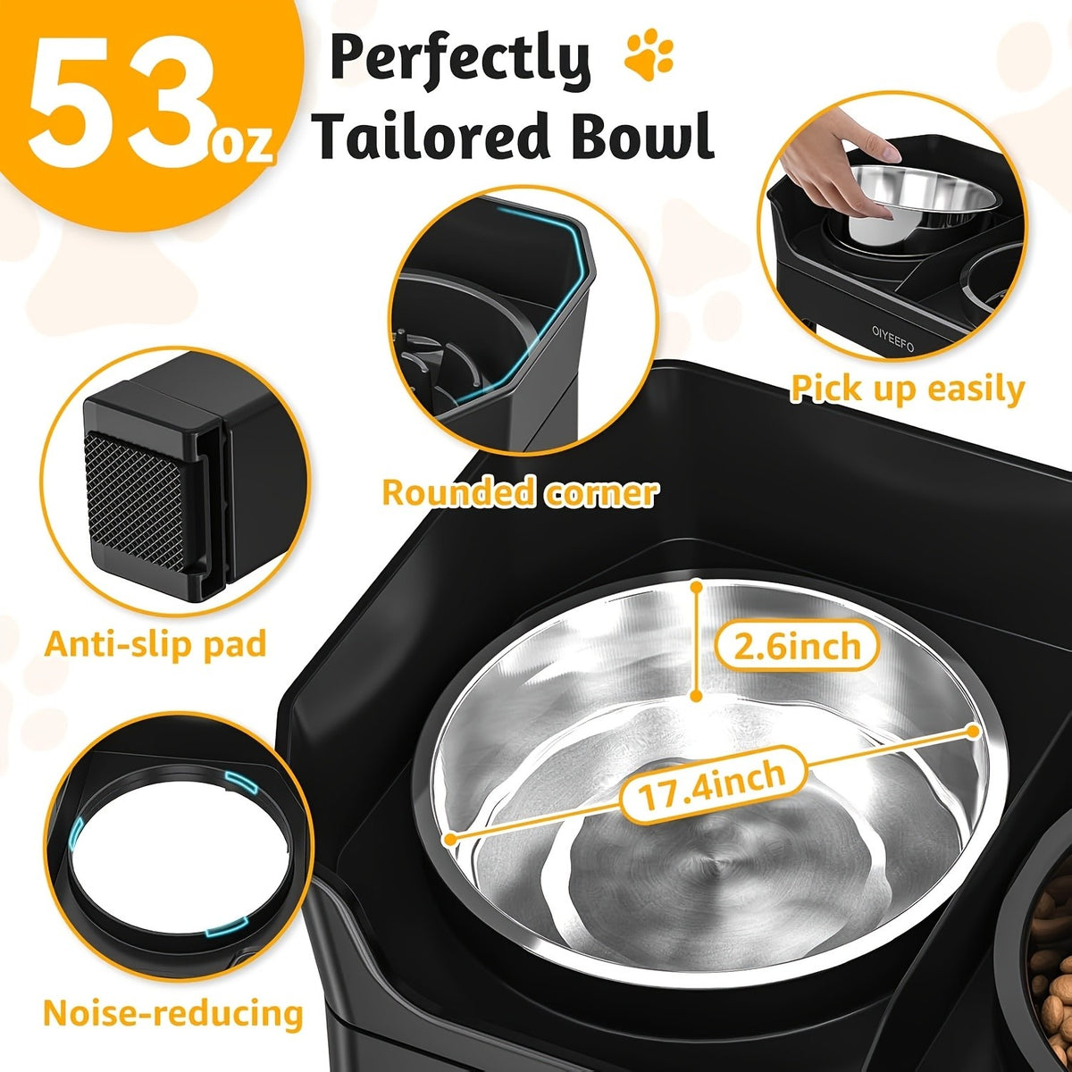 Splash Guard Elevated Dog Bowls with Four Adjustable Heights, Two 53oz Stainless Steel Bowls and Non-Slip Feet for Everyday Food and Water