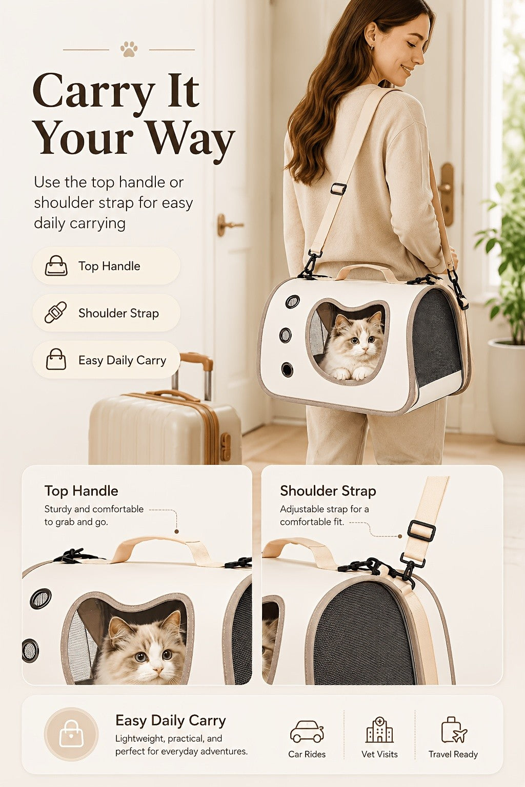 Cat Carrier with Cat-Face Viewing Window, Foldable Pet Travel Bag with Mesh Ventilation and Adjustable Shoulder Strap for Kittens and Small Dogs