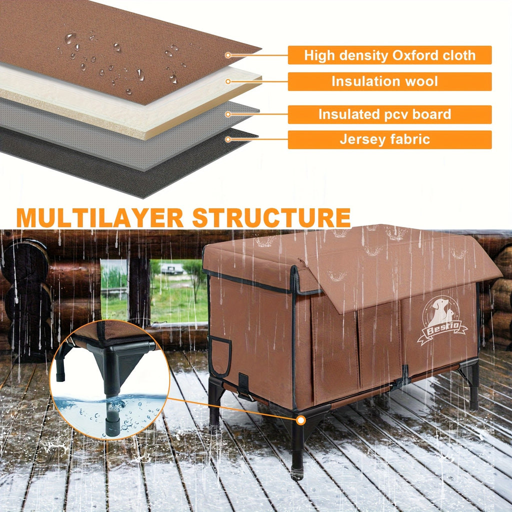 3-in-1 Heated Cat House with Detachable Heating Pad and Elevated Bed, Dual-Entry Cat Shelter in Brown, Camouflage and Roof Style Options